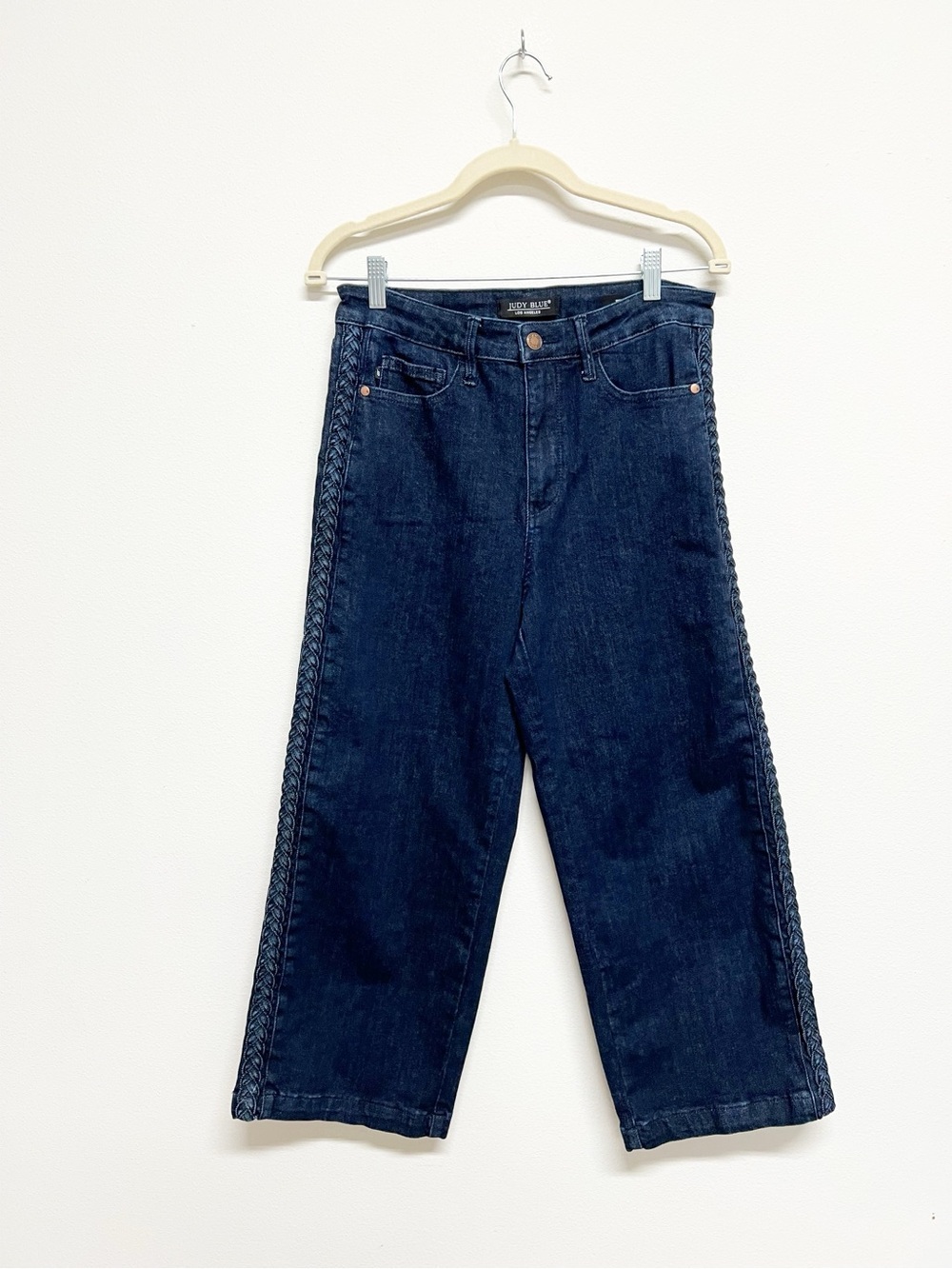 Judy Blue Womens Dark Wash Braided Detail Side High Rise Cropped Wide Leg Jean